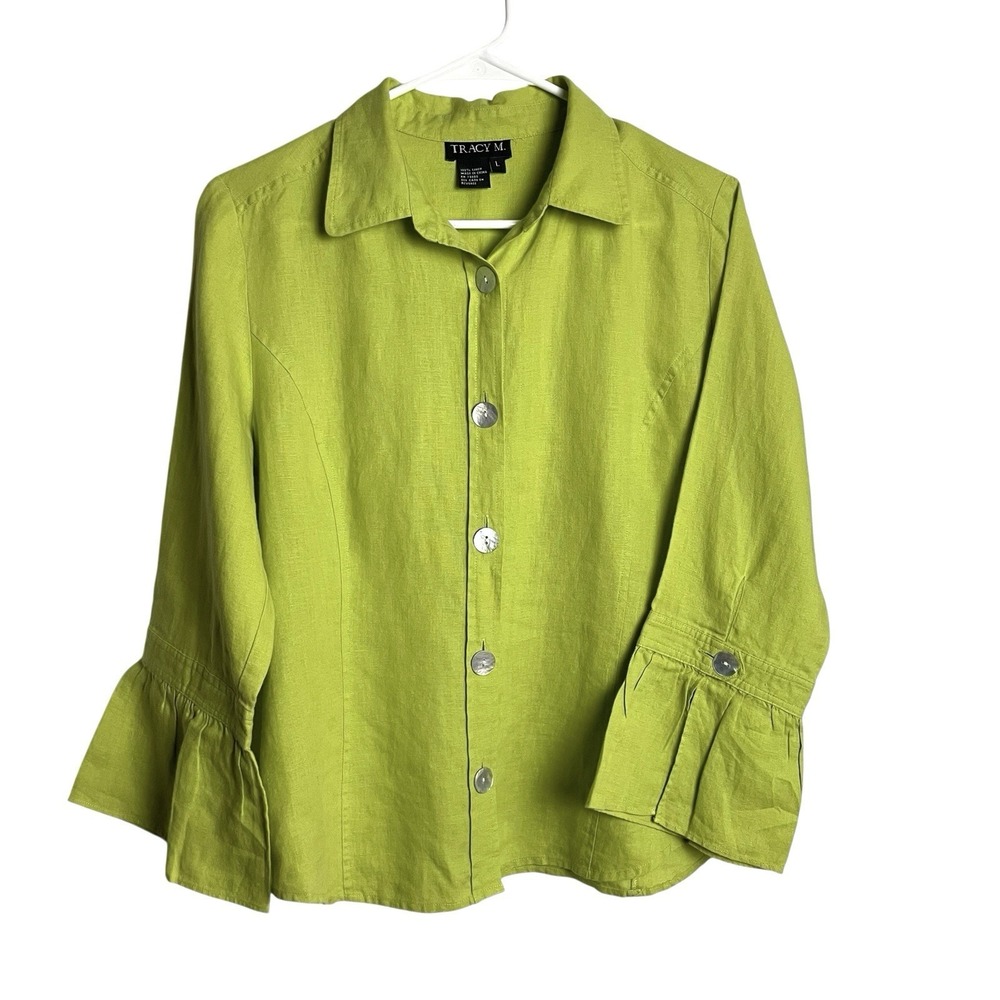 Tracy M Womens 100% Linen Blouse L Chartreuse 3/4 Bell Sleeve Button Up Office